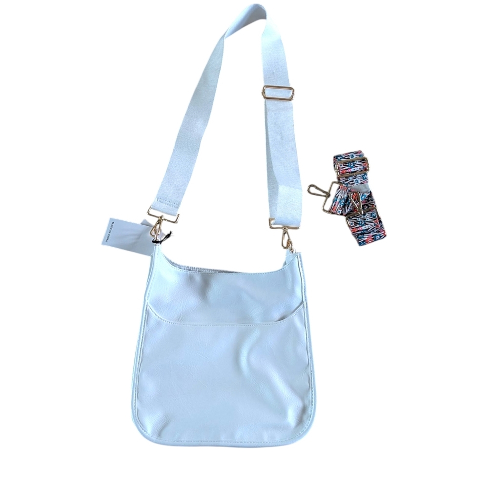 Ahdorned Faux Leather Messenger Crossbody w/ Fashion Strap White floral